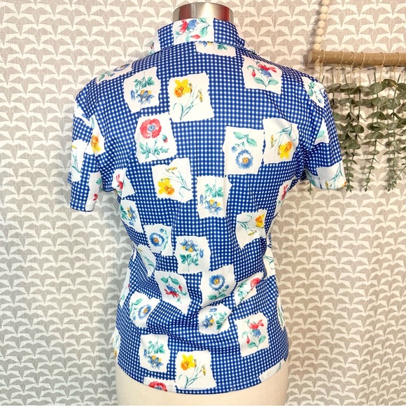 Vtg 90s Blue Plaid Floral Print Flower Button Down Shirt Polyester Y2K Jr Large - Picture 6 of 8